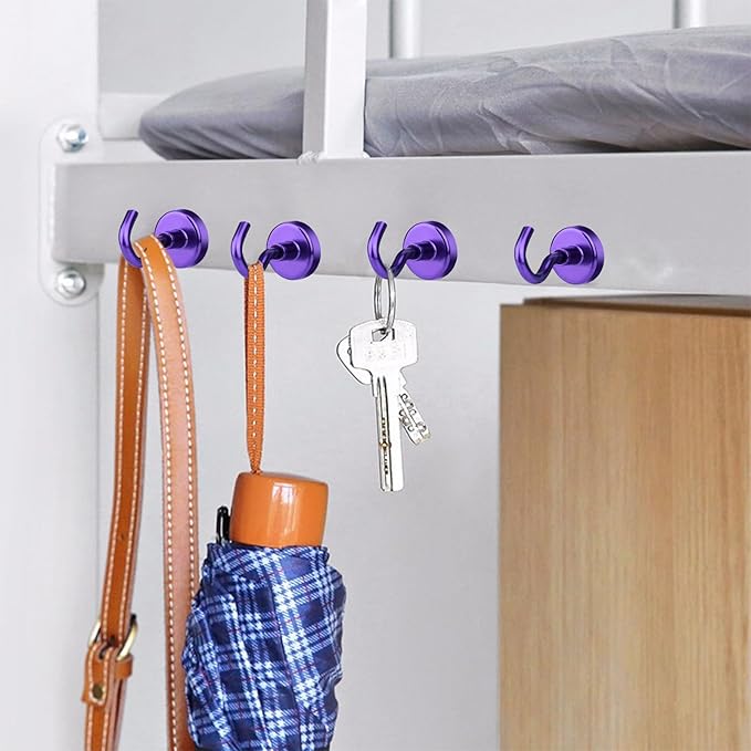 MIKEDE Magnetic Hooks, 40Lbs+ Heavy Duty Magnet Hooks for Cruise Cabins, Super Neodymium Hanging Hooks Strong Magnets with Hook for Fridge, Magnetic Hanger for Grill, Toolbox, Storage(Purple, 10 Pack)