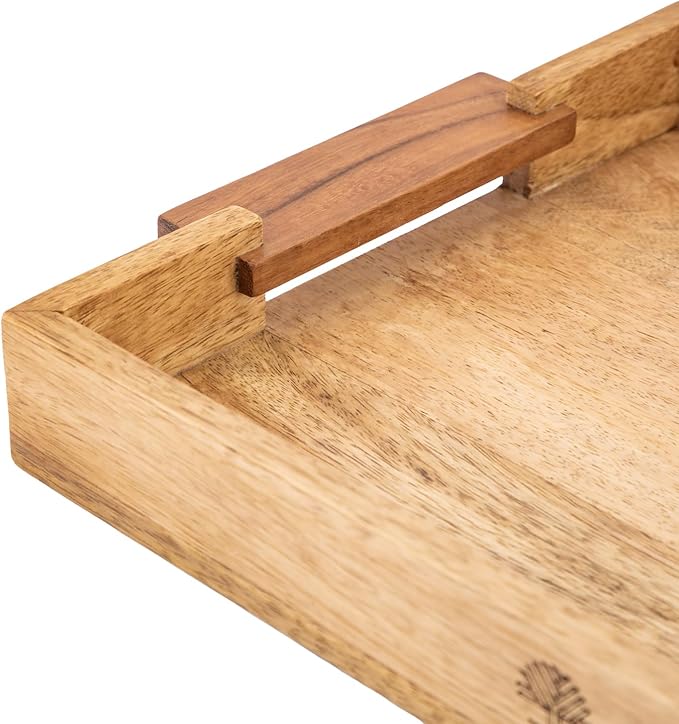 Mango Acacia Wood Serving Trays with Handles – Set of 2 Large Decorative Wooden Trays for Breakfast in Bed, Dinner, Snacks, Coffee Table, Ottoman, Couch & Patio Party – (16x10x1.75 & 8x12x1.75) Inches