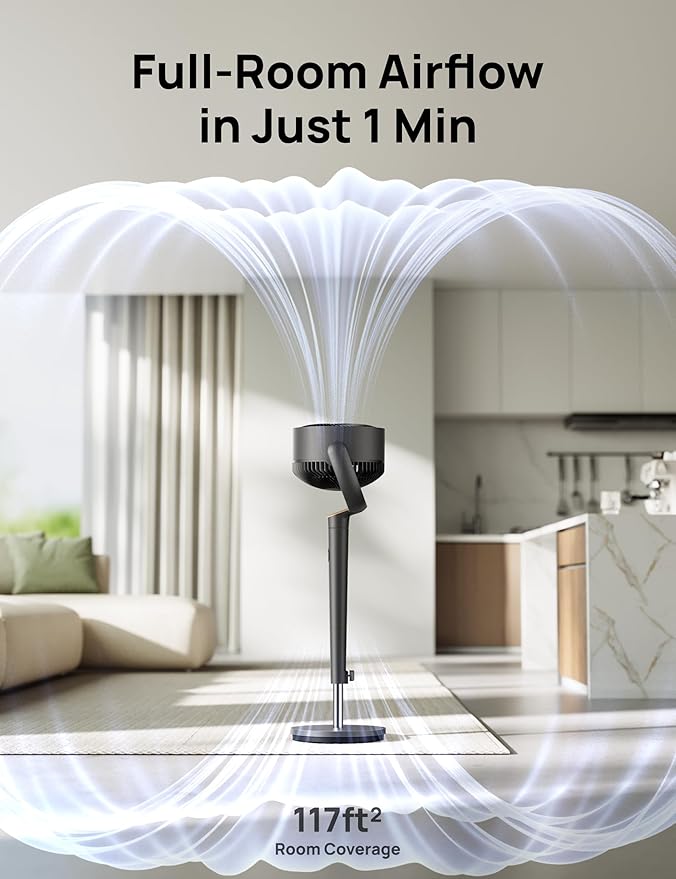 Dreo Fan for Bedroom, 120Β° Oscillating Standing Fans, Quiet Floor Fan with DC Motor, 100ft Pedestal Fans for Room, 9 Speeds, 4 modes, 20dB, 120Β° Manual Vertical, 37-42" Adjustable Height, 9H Timer