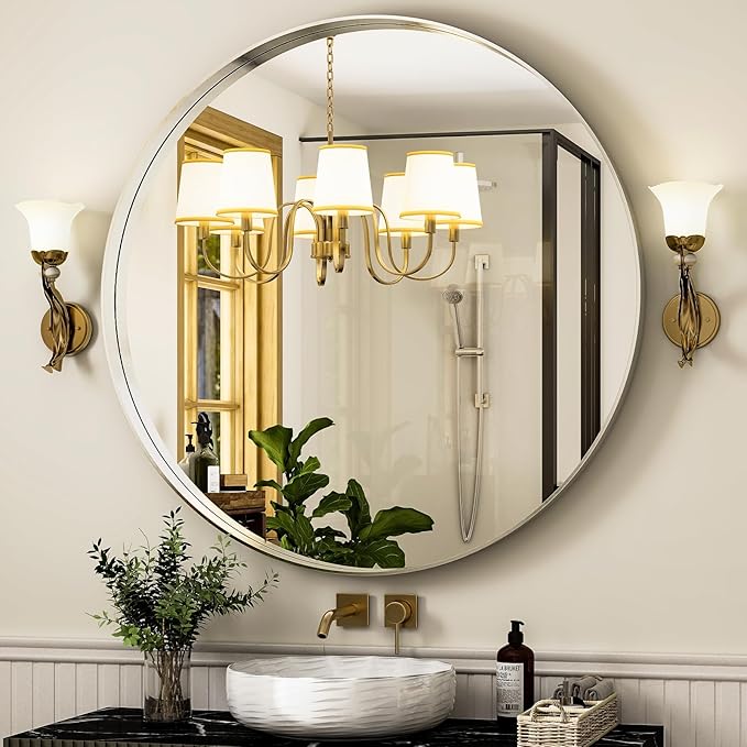 24 Inch Round Bathroom Mirror - Wall Mounted Circle Mirror with Metal Frame, Modern Mirror Suitable for Bathroom, Vanity, Entryway, Living Room, Wall Decor,Silver