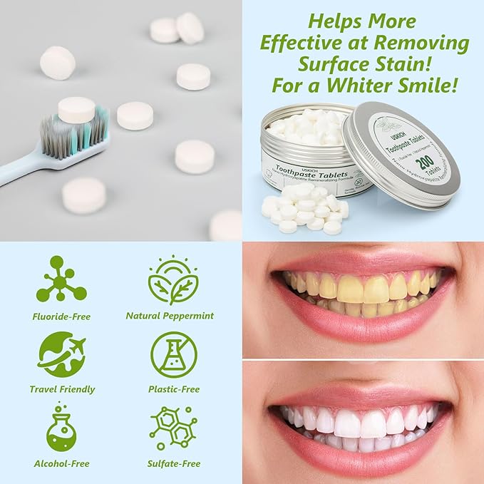 200 Pcs Toothpaste Tablets - Nano Hydroxyapatite Natural Whitening, Reduce Sensitivity,Fluoride & Plastic Free, Eco Friendly & Travel Mouthwash Tablets