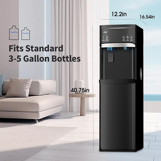 IKT Self-Cleaning Bottom Load Hot and Cold Water Cooler Dispenser with Ice Maker for 5 Gallon Bottle 22lbs Daily Capacity Perfect for Home Black