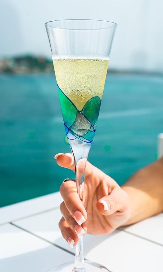 Victoria Barcelona Champagne Flute Set of 2 β 7.5 oz Mouth-Blown Turquoise Sea Glass | Hand-Painted, GaudΓ & Murano Inspired | Artistic Unique Gift Ideas for Her or Him