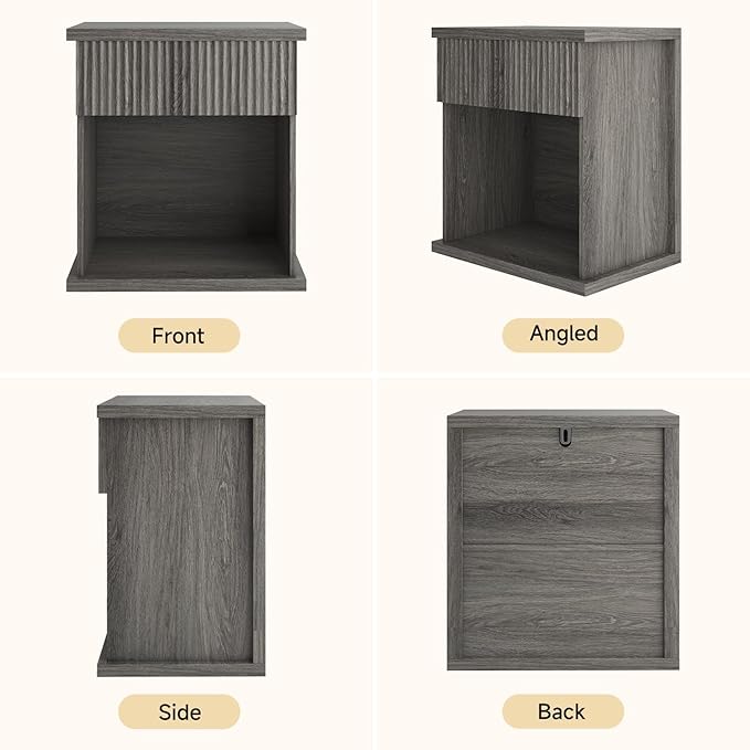Fluted Nightstand Set of 2, 22.8" Wide Nightstands with Drawer Storage Large Wood BedsideTable Night Stands for Bedroom, Grey Oak
