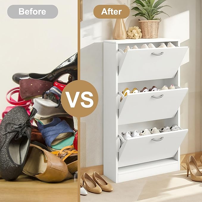 Shoe Storage Cabinet Set of 2 with 3 Flip Drawers, Narrow Shoe Cabinet Freestanding Slim Shoe Storage Organizer for Entryway, Hallway, Entrance, Bedroom, Living Room, White