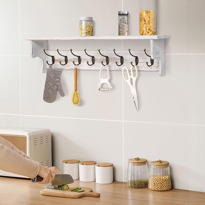 BECHAEO 35.8'' Wood Coat Rack Wall Mount with Shelf, White Wall Coat Rack with Hooks, Farmhouse Rustic Coat Hooks for Entryway Bathroom Hallway Kitchen Bedroom