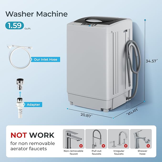 Euhomy 1.59 Cu.Ft. Portable Washing Machine, 11 LBS Capacity, 8 Functions, 8 Water Levels,Full Size Washing Machine with Drain Pump and LED Display for Apartments, RVs, Homes, Gray