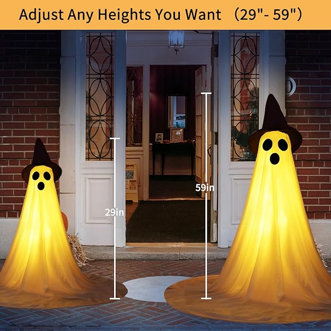 2 Packs Halloween Ghost Outdoor Decorations, 59β Light Up Ghost Decor with Remote Control, Adjustable Height Standing Halloween Lighted Ghost Kit with Witch Hat Ideal for Porch, Garden, Yard