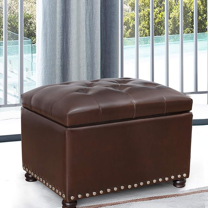 24'' Leather Storage Ottoman Rectangular Foot Rest Stool with Nailhead Trim for Bedroom Living Room(Dark Brown)