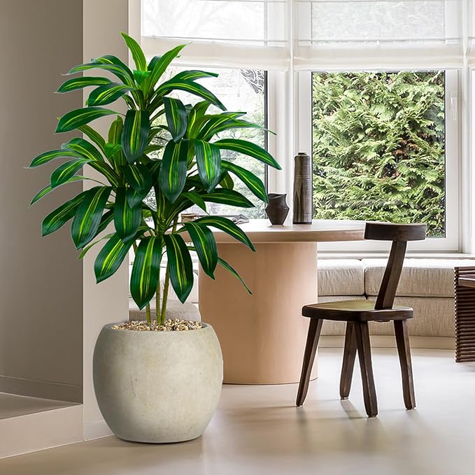 Artificial Dracaena Tree Artificial Silk Tree Faux Tree with White Tall Planter Fake Tropical Yucca Floor Plant (2, White Planter, 4 FT)