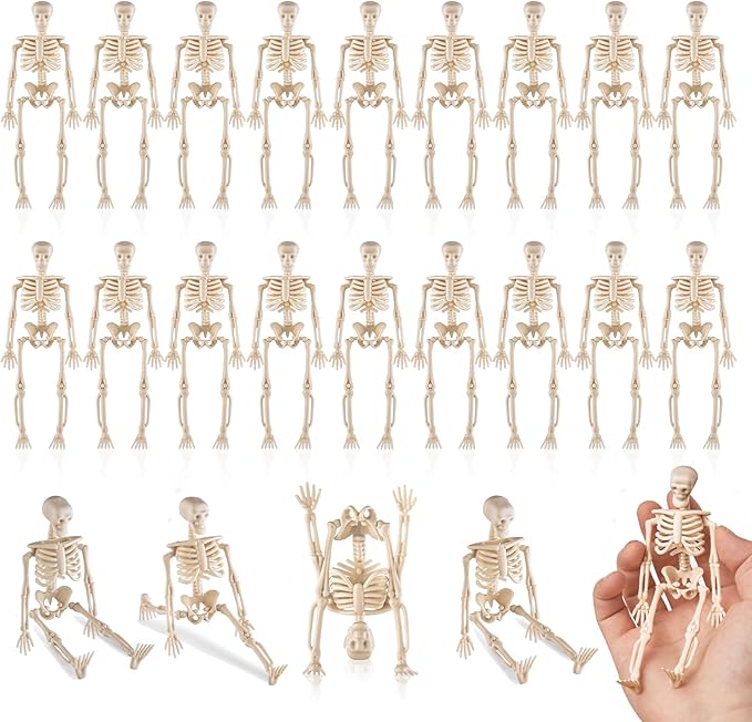24 Pcs mini skeleton halloween decoration With hemp rope,6”small plastic posable halloween tiny skeleton figurines decor for Halloween Indoor Outdoor Graveyard Decor Haunted House Party Favors