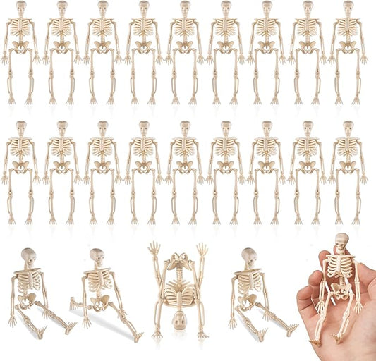 24 Pcs mini skeleton halloween decoration With hemp rope,6”small plastic posable halloween tiny skeleton figurines decor for Halloween Indoor Outdoor Graveyard Decor Haunted House Party Favors