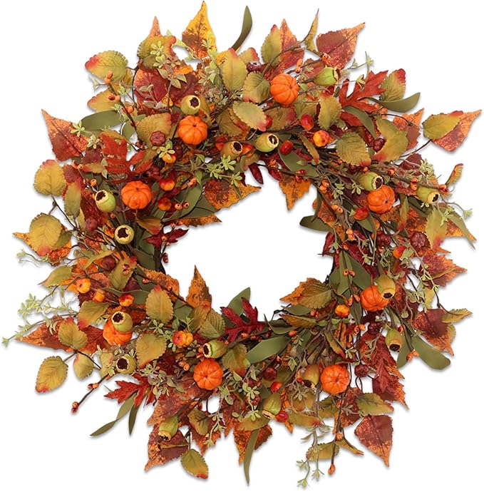 22 inch Artificial Fall Wreaths for Front Door,Autumn Wreath with Pumpkin and Maple Leaves Suitable for Indoor Outdoor Wall Porch Harvest Festival Thanksgiving Day Farmhouse Holiday Decor.