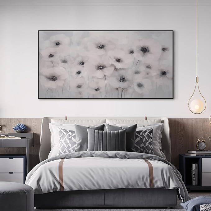 24"x46" Extra Large Framed Wall Art Soft White Poppies Watercolor Floral, Delicate Botanical for Home Living Room Bedroom Decor (Frame Assembly Required)