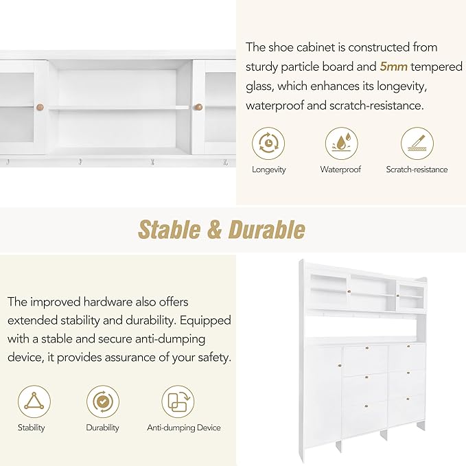 Ball & Cast Tipping Bucket 3-Tier Shoe Cabinet with 6 Flip Drawers and Storage Shelf,Entryway Hall Tree with Tempered Glass Doors and 4 Hooks,for Hallway,Mudroom,Living Room,White