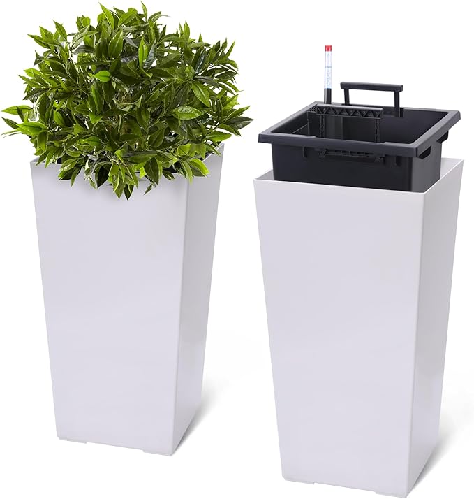 22.5" Tall Planters Set of 2, Outdoor&Indoor Black Planter Pots, High Front Porch Planter Pots with Drainage Holes&Water Level Monitor&Inner Bucket, Automatic Watering, White