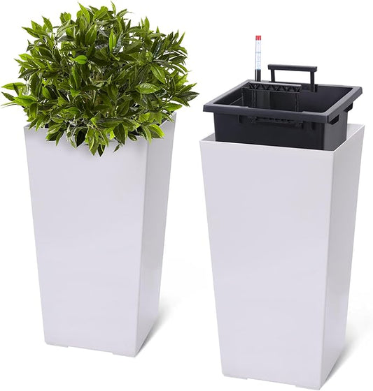 22.5" Tall Planters Set of 2, Outdoor&Indoor Black Planter Pots, High Front Porch Planter Pots with Drainage Holes&Water Level Monitor&Inner Bucket, Automatic Watering, White
