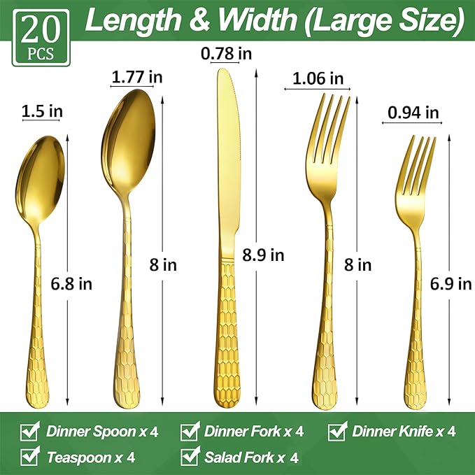 20 Pcs Gold Silverware Set for 4 with Water Cube Handle design, Food Grade Stainless Steel Flatware Set, Eating Utensils Sets Include Fork/Knife/Spoon, Reusable Cutlery Set, Dishwasher Safe