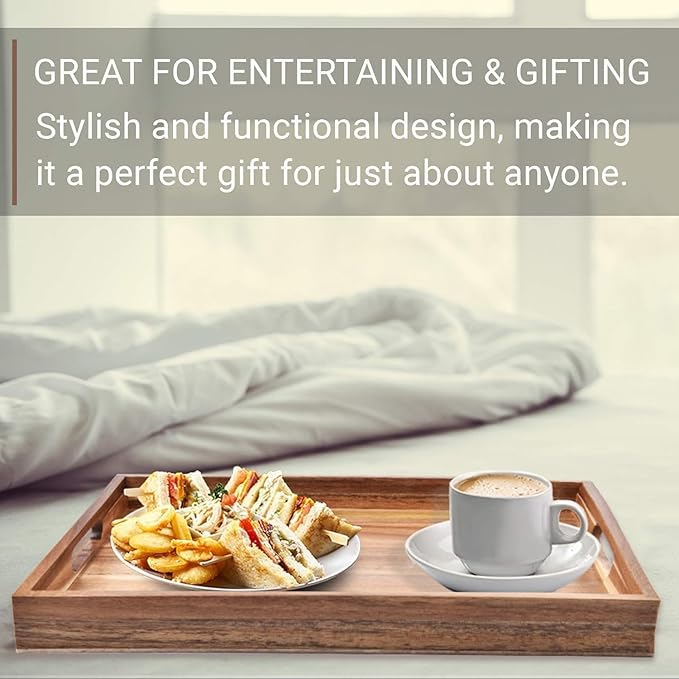 Acacia Wood Serving Tray with Handles - 17-Inch Large Wooden Tray for Ottoman - Perfect for Breakfast, Lunch, Dinner, Appetizers, Patio, Ottoman, Coffee Table,BBQ, Party – Great for Lap &Couch 