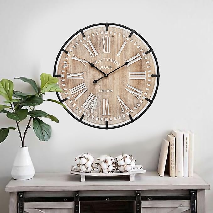 20 Inch Grand Farmhouse Wall Clock, Vintage-Inspired Wood & Metal Design with Large Etched Numbers, Silent Battery-Powered Timepiece for Offices, Kitchens, Bedrooms, and Living Rooms
