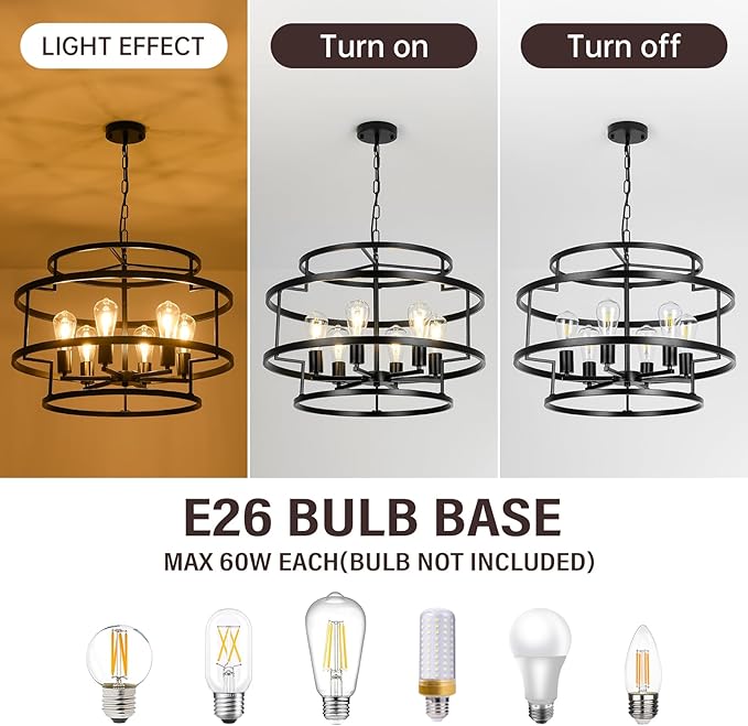 24" Black Chandelier, 6-Light Farmhouse Pendant Light Fixture with Geometric Metal Frame, Modern Industrial Ceiling Hanging Light for Dining Room, Living Room, Bedroom, Kitchen Island, Hallway, Foyer