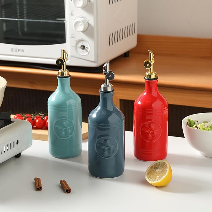 Sweejar 16 Oz Ceramic Olive Oil Dispenser Bottle, Oil Dispenser for Kitchen with Gravity Spout, Relief Opaque Vinegar Container for Evoo, Soy Sauce, 1 Pack(Turquoise, Gold Spout)