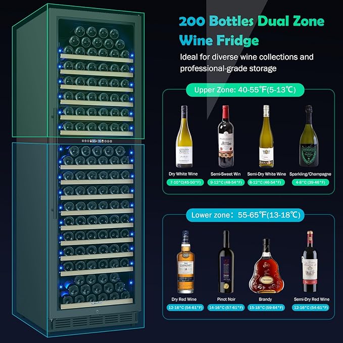 200 Bottle Dual Zone Wine Fridge – 24 Inch Large Capacity Wine Cooler Refrigerator Freestanding/Built-In with Upgraded Compressor, Low-Noise Wine Cellar & Intelligent Temperature Control - Black