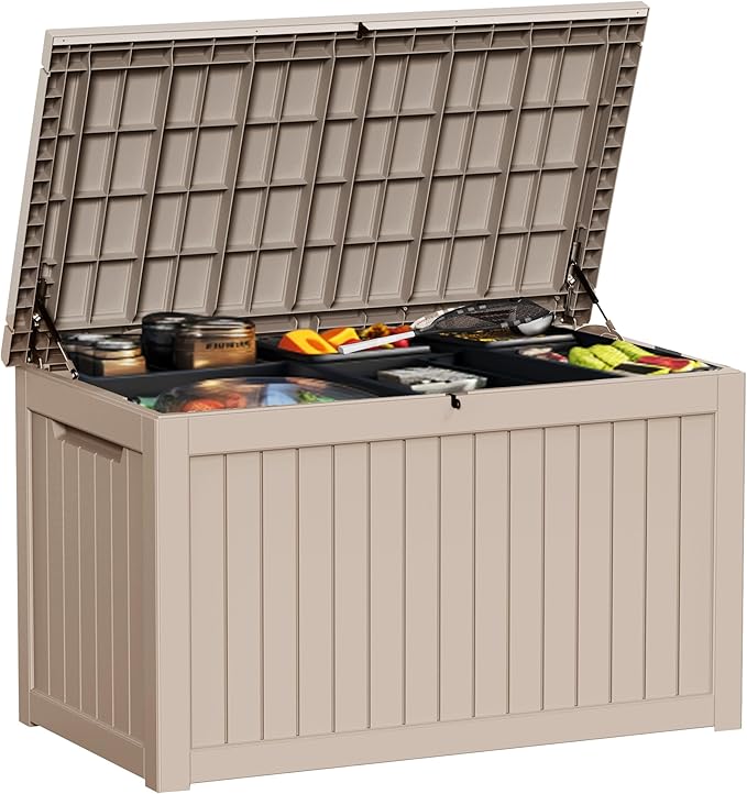 230 Gallon Outside Storage Box, Resin All Weather Storage Cabinet, Large Deck Box for Garden Tools, Patio Furniture, Sports Equipment, Light Brown