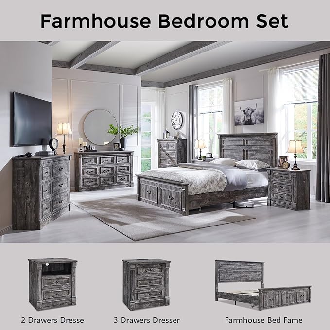 26" Tall Farmhouse Nightstand Set of 2, 3 Drawers End Table w/Charging Station, 23.6" Wide Large Side Table w/Roman Column, Wood Rustic Sofa Table for Bedroom, Light Gray