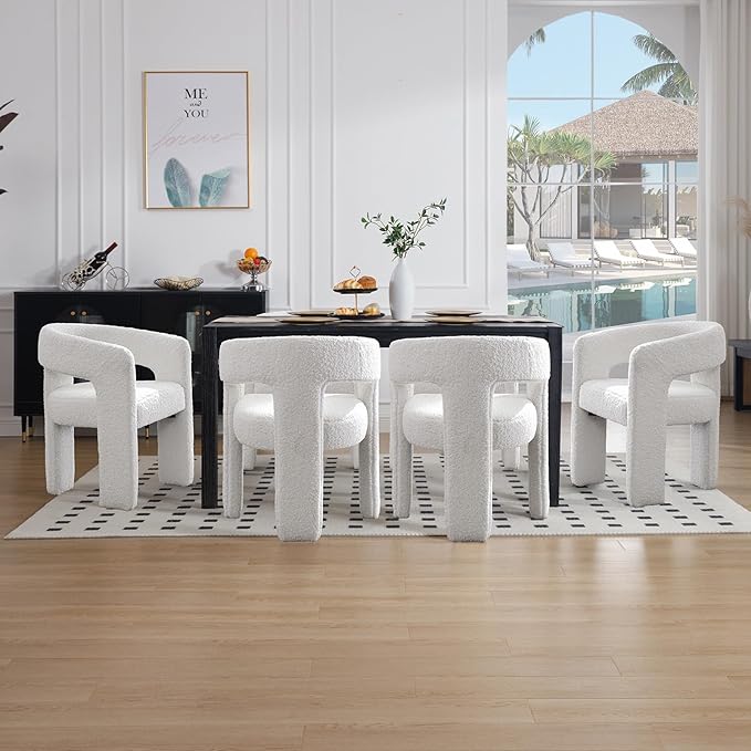 White Boucle Dining Chairs Set of 4, Modern Barrel Dining Room Chairs Upholstered Faux Fur Accent Chair with Arms and Round Back for Living Room Kitchen Armchair No Assembly Needed