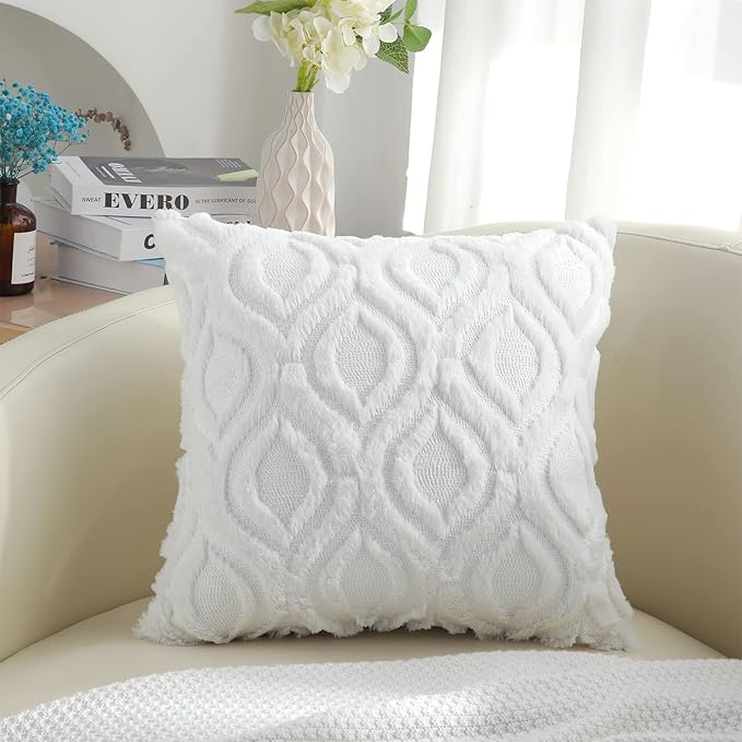 decorUhome Fall Throw Pillow Covers 26x26 Inch Set of 2, Soft Plush Decorative Faux Fur White Solid Couch Pillow Covers, Accent Farmhouse Neutral Square Euro Pillow Cases for Sofa Bed Living Room
