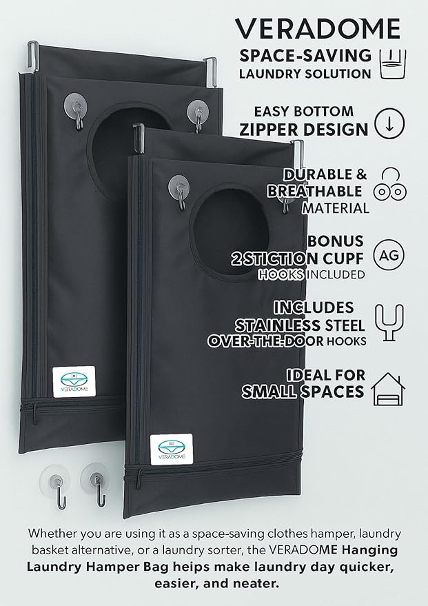 Hanging Laundry Hamper Bag β Space-Saving Dirty Clothes Storage with Free Adjustable Stainless Steel Over-the-Door Hooks & Suction Cup Hooks β Ideal for bathrooms, bedrooms & dorms (2, Gray)