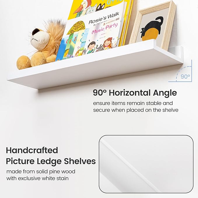 Picture Ledge Shelf for Wall, 24 inches Solid Pine Wood Nursery Book Shelves 3 Packs, Floating Ledge Shelves for Kids' Room Bedroom Bathroom Living Room Photo Frames Office Nursey Wall Decor, White