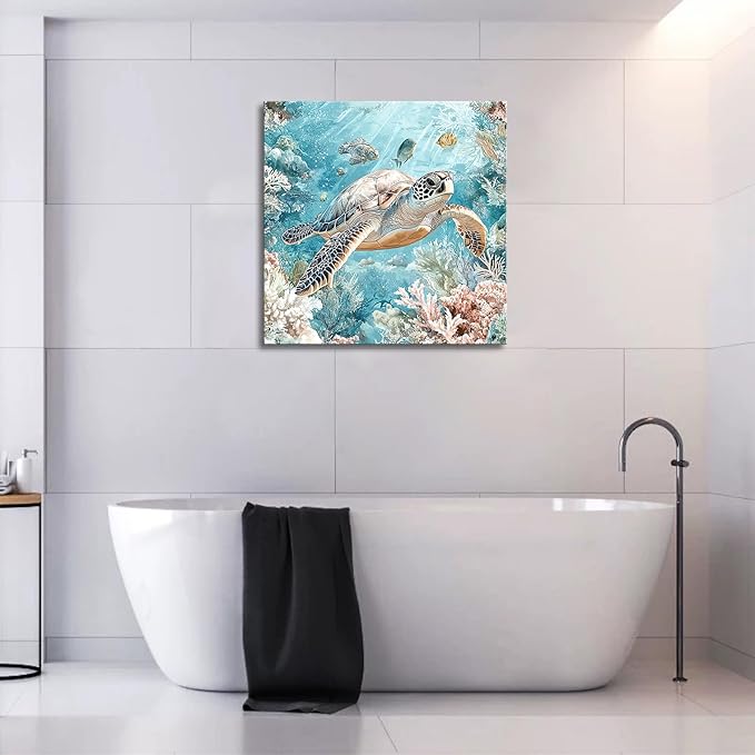 Sea Turtle Bathroom Wall Decor Ocean Theme Framed Canvas Wall Art Coastal Nautical Prints Picture Watercolor Coral Marine Life Painting for Kid Bedroom Living Room Home Decoration 14x14โ