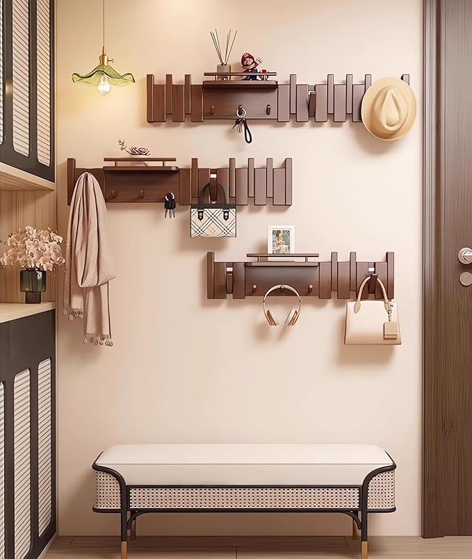 Wall Mounted Piano Key Hanger | Flip Style Hook | Entrance Wall Art Hook, Made of Oak Wood (3 Times Painted, 4 Times Polished) (Fence Beech, 12Hooks)