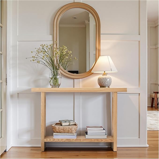BECHAEO 47-Inch Farmhouse Narrow Console Table, 2'' Thickened Entryway Table with Solid Wood Veneer, 2-Tier Sofa Tables Behind Couch, Rectangle Hallway Tables for Living Room, Foyer Rustic Oak