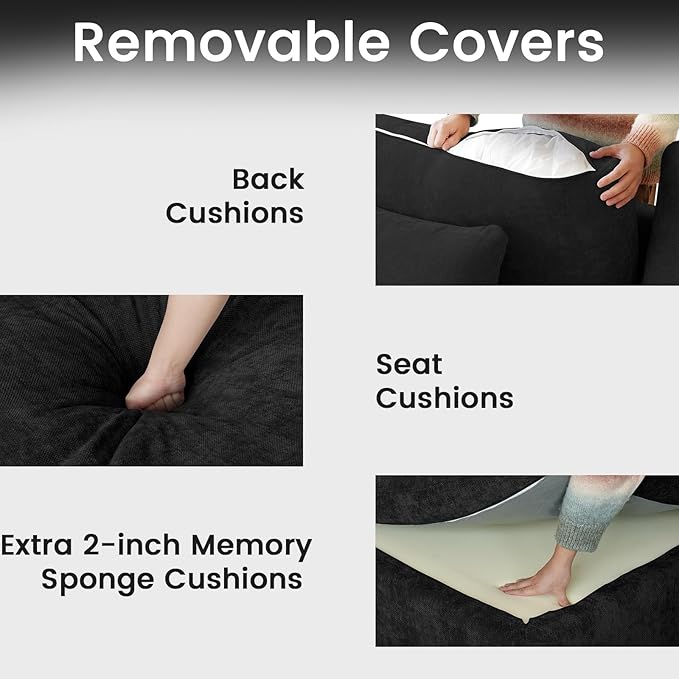 JACH L-Shaped Sectional Couches for Living Room, Cloud Sectional Couch with Deep Seat, Modular Sectional Sofa with Chaise, Covers Removeable & Washable, Sofas Furniture for Living Room, Black