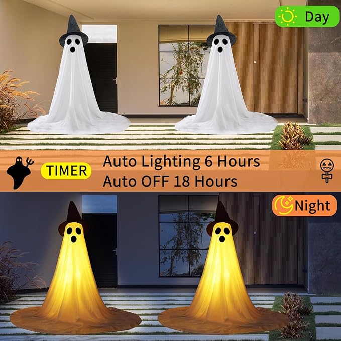 2 Packs Halloween Ghost Outdoor Decorations, 59β Light Up Ghost Decor with Remote Control, Adjustable Height Standing Halloween Lighted Ghost Kit with Witch Hat Ideal for Porch, Garden, Yard