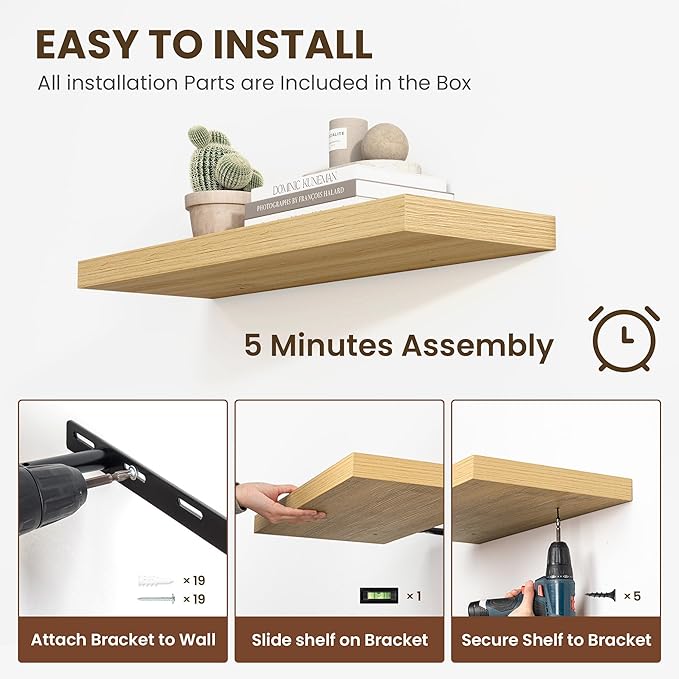 24 Inch Floating Shelves, 12 Inch Deep Floating Shelves for Wall, Floating Shelf with Invisible Brackets, Deep Shelves for Bathroom, Bedroom, Living Room, 2 Pack, Natural