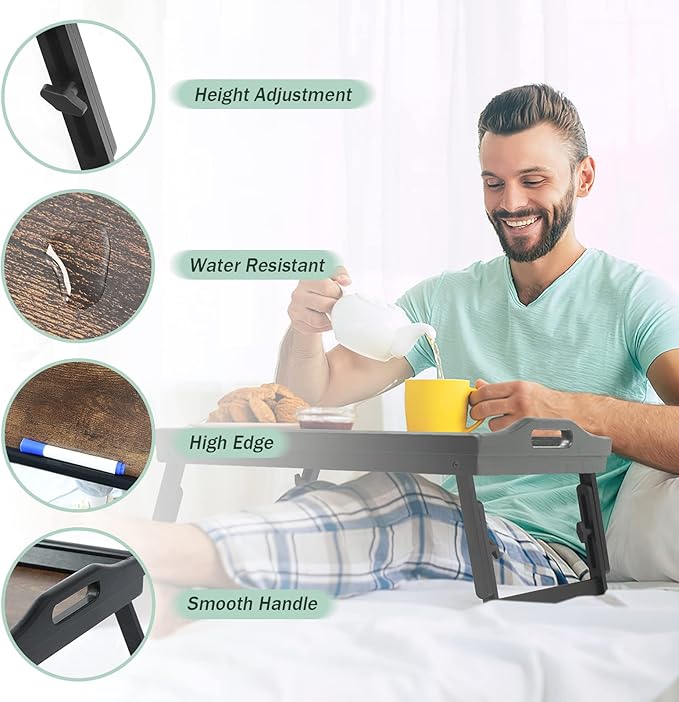 2 Pack Bed Tray Table Breakfast Trays Serving Tray Adjustable Height for Eating Bamboo Bed Laptap Floding Legs with Handles and Phone Holders