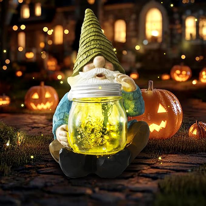 Solar Firefly Jar Gnome Waterproof- Large Garden Gnome Funny Solar Outdoor LED Lights Resin Statues 10.6" Lantern Figurines Decorations Birthday Gifts for Mom Women - Unique Housewarming Gifts