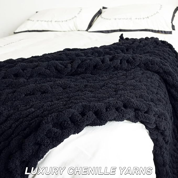 Chunky Knit Blanket - Luxury Soft Cozy 60 * 80 Throw Blanket,100% Woven Blanket Rope Knot Throw Blanket for Couch, Sofa, Home Decor, Gift - Machine Washable(Black)
