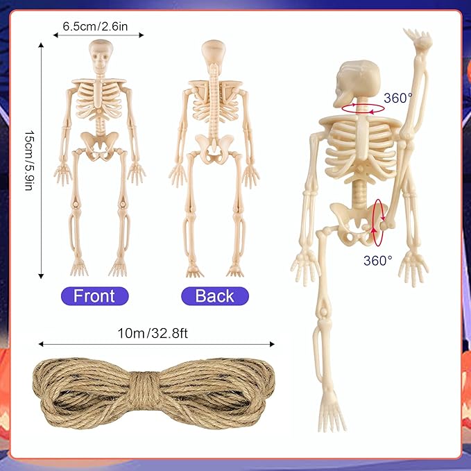 24 Pcs mini skeleton halloween decoration With hemp rope,6”small plastic posable halloween tiny skeleton figurines decor for Halloween Indoor Outdoor Graveyard Decor Haunted House Party Favors