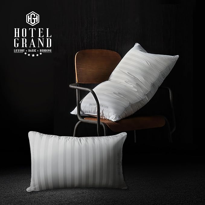 Hotel Grand Softy-Around Feather Down Pillows Standard Size Set of 2 Packs White Strip 100% Cotton Fabric Bed Pillows for All Position Sleepers,26"x20"/2 Packs