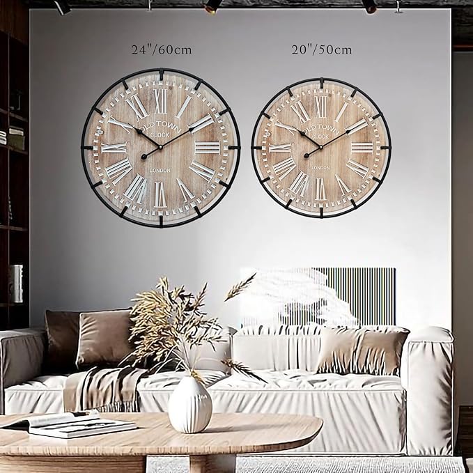 24 Inch Grand Farmhouse Wall Clock, Vintage-Inspired Wood & Metal Design with Large Etched Numbers, Silent Battery-Powered Timepiece for Offices, Kitchens, Bedrooms, and Living Rooms