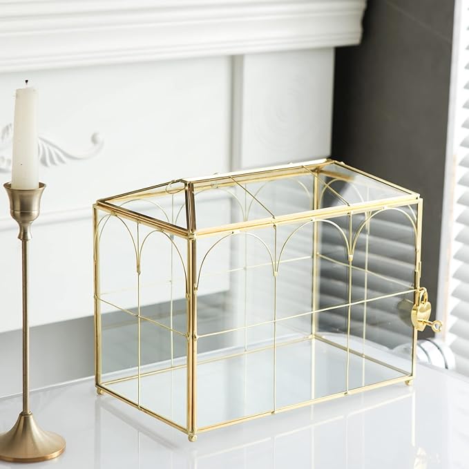 Glass Card Box with Slot, 10.2 inch Large Gold Clear Card Box for Wedding Receptions, Decorative Storage Box with Lock for Baby Shower, Birthday Party, Bridal Shower