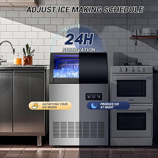 220LBS Commercial Ice Maker Machine - 72PCS Ice Cubes per Round, Undercounter/Freestanding Ice Machine, 55LBS Ice Storage Capacity for Home Bar and Outdoor, Stainless Steel Self-Cleaning