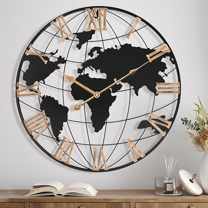 20 Inch Large Wall Clock for Living Room Decor,Big Modern Decorative Silent World Map Metal Wall Clock with Vintage Gold Roman Numeral for Office,Living Room,Kitchen,Dining Room