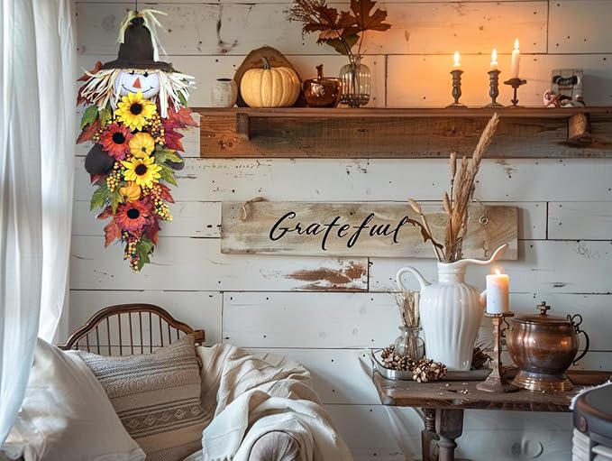 24" Rustic Fall Scarecrow Teardrop Swag β Farmhouse Sunflower & Pumpkin Wreath β Autumn Harvest Hanging Decor for Front Door, Wall, Porch, Indoor/Outdoor