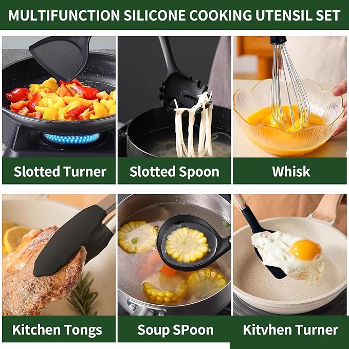 13-Piece silicone utensil set wood handle nonstick cookware safe dishwasher safe kitchen tools BPA free heat resistant (450°F/230°C) ceramic pan safe cooking gifts housewarming (Black)